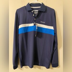 New NWT Stuburt Motion Long Sleeve Polo Midnight Blue White Stripes Size Small